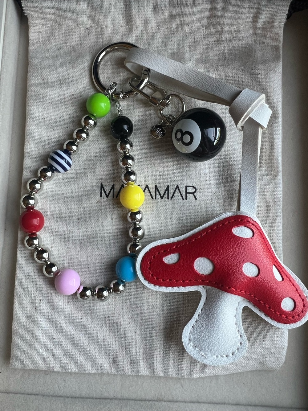 Bag Charm/Keyring with Red Mushroom, 🎱 and Colorful Beads